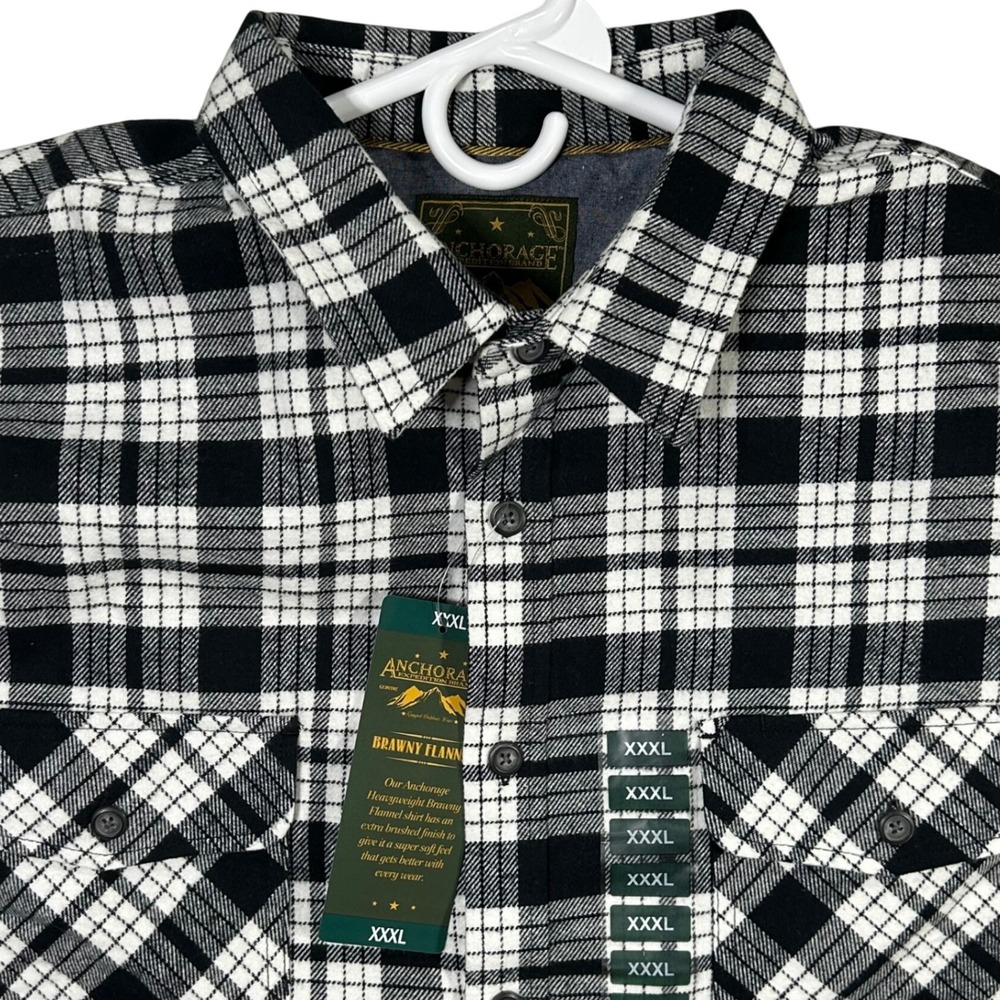 Anchorage Mens Flannel Shirt‎ 3XL Brawny Plaid Black White Button Up Long Sleeve